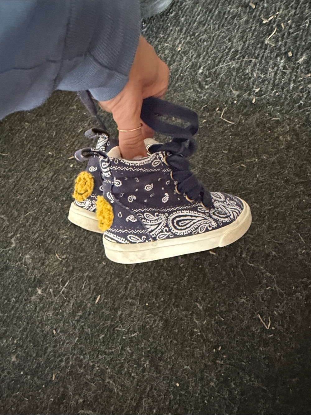 Toddler size 4 High-Top Sneakers with Navy Bandana Print and Yellow smile Accent